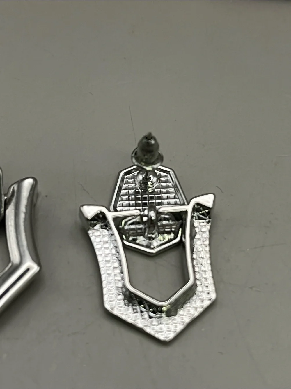 Vintage Inspired Silver Tone Geometric Statement Stud Earrings Art Deco Shield